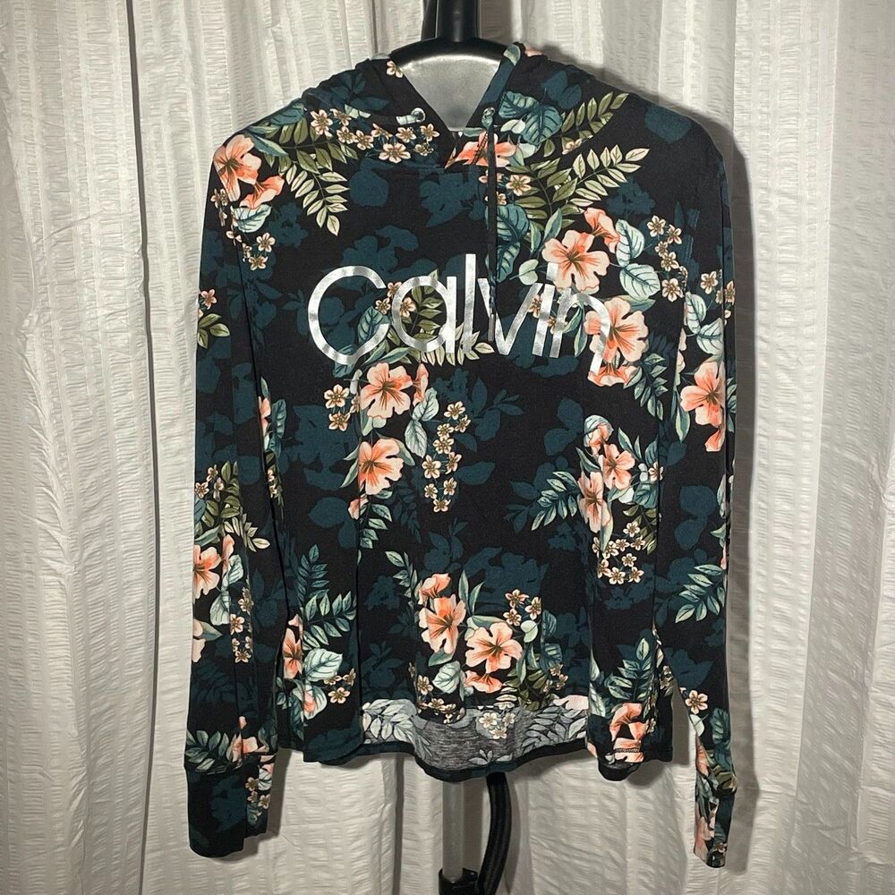 Calvin Klein Performance Womens Lg Floral Hoodie Tropical Logo Lightweight Top